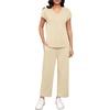 image:imageATHMILE Two Piece Sets for Women Spring Summer Travel Airport Vacation Outfits Lounge V Neck Tops Drawstring Wide Leg PantsBeige