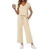image:imageATHMILE Two Piece Sets for Women Spring Summer Travel Airport Vacation Outfits Lounge V Neck Tops Drawstring Wide Leg PantsBeige