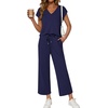 image:imageATHMILE Two Piece Sets for Women Spring Summer Travel Airport Vacation Outfits Lounge V Neck Tops Drawstring Wide Leg PantsNavy Blue