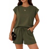 image:imageATHMILE Two Piece Womens Summer Lounge Short Sets Cap Sleeve  Drawstring ShortsBeach Sweatsuit with PocketAthleisure Matching SetsAthletic OutfitsArmy Green