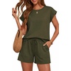 image:imageATHMILE Two Piece Womens Summer Lounge Short Sets Cap Sleeve  Drawstring ShortsBeach Sweatsuit with PocketAthleisure Matching SetsAthletic OutfitsArmy Green