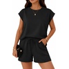 image:imageATHMILE Two Piece Womens Summer Lounge Short Sets Cap Sleeve  Drawstring ShortsBeach Sweatsuit with PocketAthleisure Matching SetsAthletic OutfitsBlack