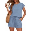 image:imageATHMILE Two Piece Womens Summer Lounge Short Sets Cap Sleeve  Drawstring ShortsBeach Sweatsuit with PocketAthleisure Matching SetsAthletic OutfitsBlue
