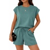 image:imageATHMILE Two Piece Womens Summer Lounge Short Sets Cap Sleeve  Drawstring ShortsBeach Sweatsuit with PocketAthleisure Matching SetsAthletic OutfitsBlue Green