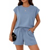 image:imageATHMILE Two Piece Womens Summer Lounge Short Sets Cap Sleeve  Drawstring ShortsBeach Sweatsuit with PocketAthleisure Matching SetsAthletic OutfitsBlue