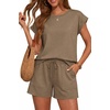 image:imageATHMILE Two Piece Womens Summer Lounge Short Sets Cap Sleeve  Drawstring ShortsBeach Sweatsuit with PocketAthleisure Matching SetsAthletic OutfitsCoffee Gray