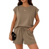 image:imageATHMILE Two Piece Womens Summer Lounge Short Sets Cap Sleeve  Drawstring ShortsBeach Sweatsuit with PocketAthleisure Matching SetsAthletic OutfitsCoffee Gray