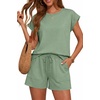 image:imageATHMILE Two Piece Womens Summer Lounge Short Sets Cap Sleeve  Drawstring ShortsBeach Sweatsuit with PocketAthleisure Matching SetsAthletic OutfitsGray Green