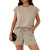 image:imageATHMILE Two Piece Womens Summer Lounge Short Sets Cap Sleeve  Drawstring ShortsBeach Sweatsuit with PocketAthleisure Matching SetsAthletic OutfitsKhaki
