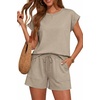 image:imageATHMILE Two Piece Womens Summer Lounge Short Sets Cap Sleeve  Drawstring ShortsBeach Sweatsuit with PocketAthleisure Matching SetsAthletic OutfitsKhaki