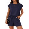 image:imageATHMILE Two Piece Womens Summer Lounge Short Sets Cap Sleeve  Drawstring ShortsBeach Sweatsuit with PocketAthleisure Matching SetsAthletic OutfitsNavy Blue