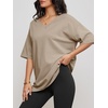 image:imageATHMILE Womens Oversized Shirts V Neck Plus Size Spring Workout Summer Tops Beach Vacation 2026 Gym Clothes Basic TeeKhaki