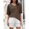 image:imageATHMILE Womens Oversized Shirts V Neck Plus Size Spring Workout Summer Tops Beach Vacation 2026 Gym Clothes Basic TeeLight Brown