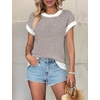 image:imageATHMILE Womens Short Sleeve Sweater Spring Summer Striped Teacher Round Neck Pullover Cap Sleeve Knit Cute Vest Tops 2026Brown