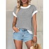 image:imageATHMILE Womens Short Sleeve Sweater Spring Summer Striped Teacher Round Neck Pullover Cap Sleeve Knit Cute Vest Tops 2026White