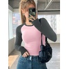 image:imageATHMILE Womens Short SleeveLong Sleeve Cropped Tops Slim Fit Stretchy Color Block Slightly Shirts Y2k Fashion Clothes2pink Charcoal Combo