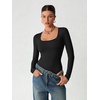 image:imageATHMILE Womens Square Neck Long Sleeve Bodysuit Ribbed Slim Fitted TopsBlack