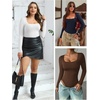 image:imageATHMILE Womens Square Neck Long Sleeve Bodysuit Ribbed Slim Fitted TopsCoffee