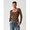 image:imageATHMILE Womens Square Neck Long Sleeve Bodysuit Ribbed Slim Fitted TopsCoffee