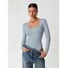 image:imageATHMILE Womens Square Neck Long Sleeve Bodysuit Ribbed Slim Fitted TopsCounty Blue