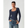 image:imageATHMILE Womens Square Neck Long Sleeve Bodysuit Ribbed Slim Fitted TopsDark Blue