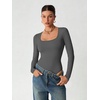image:imageATHMILE Womens Square Neck Long Sleeve Bodysuit Ribbed Slim Fitted TopsDark Grey