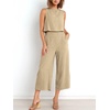 image:imageATHMILE Womens Summer 2 Piece Outfits Sleeveless Tank Crop Button Back Top Cropped Wide Leg Pants Set PocketsKhaki