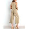 image:imageATHMILE Womens Summer 2 Piece Outfits Sleeveless Tank Crop Button Back Top Cropped Wide Leg Pants Set PocketsKhaki