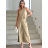 image:imageATHMILE Womens Summer 2 Piece Outfits Sleeveless Tank Crop Button Back Top Cropped Wide Leg Pants Set PocketsKhaki