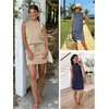 image:imageTwo Piece Skirt Sets for Women Summer Beach Vacation Outfits Mock Neck Tops Tennis Skirt Lounge Matching SetsBeige
