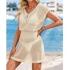image:imageWomens Swimsuit Cover Up 2026 Short Sleeve V Neck Crochet Bathing Suit Beach Dress Summer Bikini Cover upsApricot