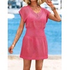 image:imageWomens Swimsuit Cover Up 2026 Short Sleeve V Neck Crochet Bathing Suit Beach Dress Summer Bikini Cover upsHot Pink
