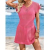 image:imageWomens Swimsuit Cover Up 2026 Short Sleeve V Neck Crochet Bathing Suit Beach Dress Summer Bikini Cover upsHot Pink