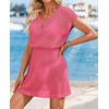 image:imageWomens Swimsuit Cover Up 2026 Short Sleeve V Neck Crochet Bathing Suit Beach Dress Summer Bikini Cover upsHot Pink