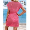 image:imageWomens Swimsuit Cover Up 2026 Short Sleeve V Neck Crochet Bathing Suit Beach Dress Summer Bikini Cover upsHot Pink