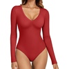 image:imageATHMILE Deep V Neck Long Sleeve Bodysuits for Women Sexy Going Out Tops Body SuitsRed