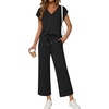 image:imageATHMILE Two Piece Sets for Women Spring Summer Travel Airport Vacation Outfits Lounge V Neck Tops Drawstring Wide Leg PantsBlack