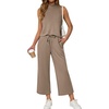 image:imageATHMILE Two Piece Sets for Women Spring Summer Travel Airport Vacation Outfits Lounge V Neck Tops Drawstring Wide Leg PantsCoffee1