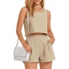 image:imageATHMILE Womens 2 Piece Outfits Lounge Matching Sets Two Piece Linen Shorts Crop Tops 2023 Trendy Clothes Summer Vacation SetKhaki