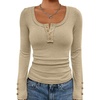 image:imageATHMILE Womens Long Sleeve Shirts Casual Fall Henley Top Button Down Blouses Basic Ribbed Knit T Shirts 2025Beige