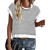 image:imageATHMILE Womens Short Sleeve Sweater Spring Summer Striped Teacher Round Neck Pullover Cap Sleeve Knit Cute Vest Tops 2026White