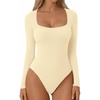image:imageATHMILE Womens Square Neck Long Sleeve Bodysuit Ribbed Slim Fitted TopsApricot