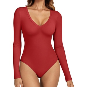 image:imageATHMILE Deep V Neck Long Sleeve Bodysuits for Women Sexy Going Out Tops Body SuitsRed