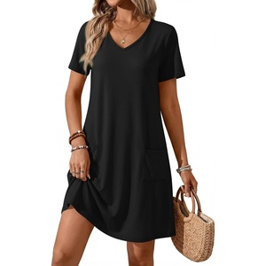 image:imageATHMILE Dresses for Women 2026 V Neck Short Sleeve Casual T Shirt Dress Sundresses Swimsuit Coverup with PocketsBlack