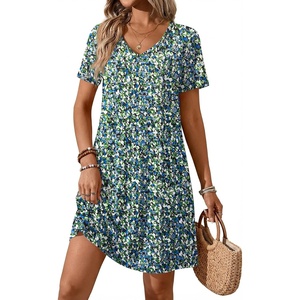 image:imageATHMILE Dresses for Women 2026 V Neck Short Sleeve Casual T Shirt Dress Sundresses Swimsuit Coverup with PocketsBlue Flowers