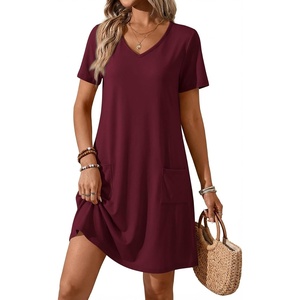 image:imageATHMILE Dresses for Women 2026 V Neck Short Sleeve Casual T Shirt Dress Sundresses Swimsuit Coverup with PocketsBurgundy