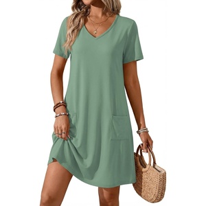 image:imageATHMILE Dresses for Women 2026 V Neck Short Sleeve Casual T Shirt Dress Sundresses Swimsuit Coverup with PocketsGreen