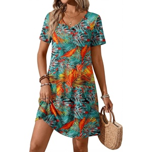 image:imageATHMILE Dresses for Women 2026 V Neck Short Sleeve Casual T Shirt Dress Sundresses Swimsuit Coverup with PocketsMaple Leaves