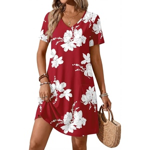 image:imageATHMILE Dresses for Women 2026 V Neck Short Sleeve Casual T Shirt Dress Sundresses Swimsuit Coverup with PocketsRedflowers