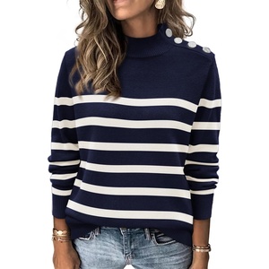 image:imageATHMILE Fall Mock Neck Striped Sweaters for Women 2026 Winter Turtleneck Long Sleeve Knit Sweater Fashion Pullover TopsNavy